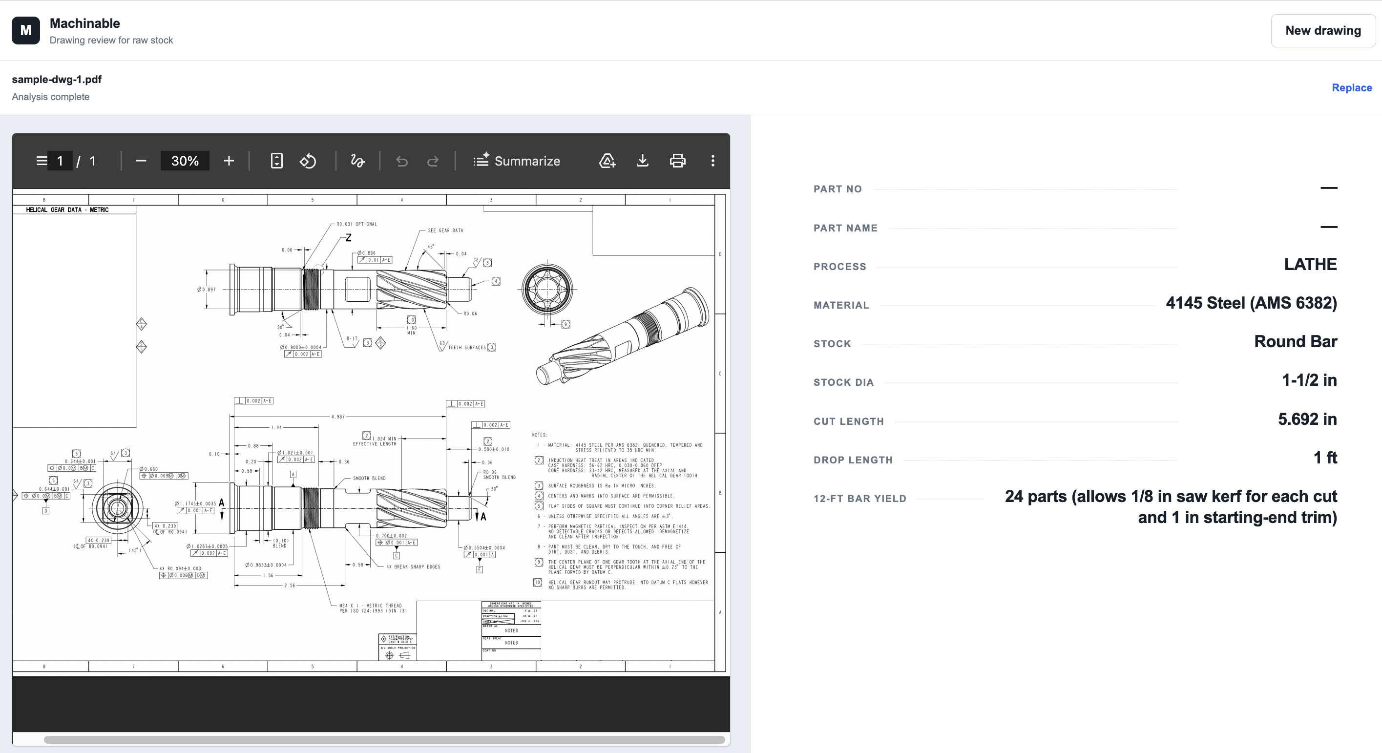 Machinable reviewing Sample Drawing 1 and returning the lathe process, material callout, and recommended stock size